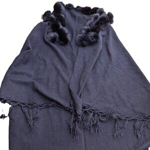 Vintage Sweater/Wrap Shawl Black On Black With Rabbit Fur Trim